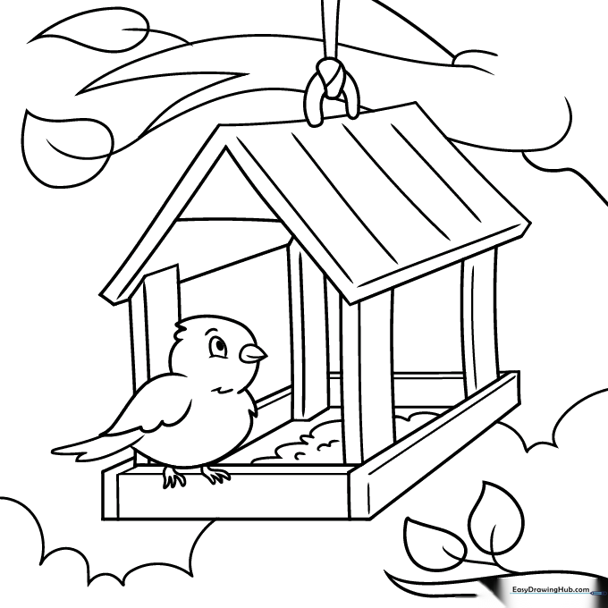 Black and white line art of a wooden bird feeder with a roof and seed tray, ready for children to color.