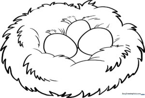 Black and white line art of a woven bird nest with three speckled eggs inside, designed for children to color.