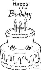 Black and white line art of a tiered birthday cake with candles, ready for children to color with crayons or markers.