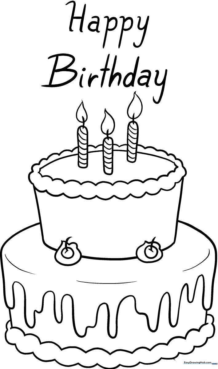 Black and white line art of a tiered birthday cake with candles, ready for children to color with crayons or markers.