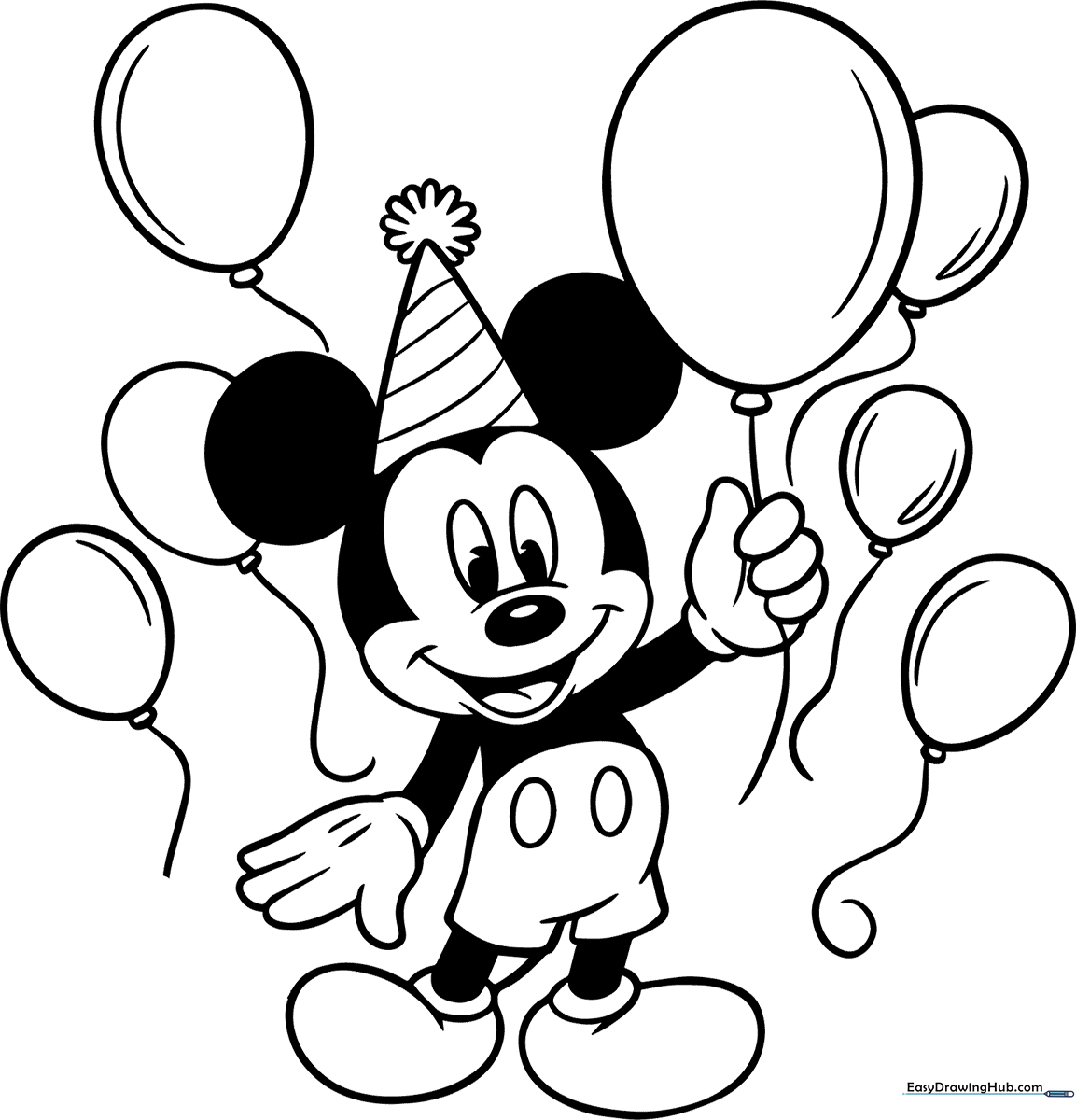 Black and white line art of Mickey Mouse wearing a party hat and holding a birthday balloon, ready for children to color.