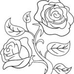 Detailed black and white line art of a blooming rose with leaves, designed for children to practice coloring within the lines.