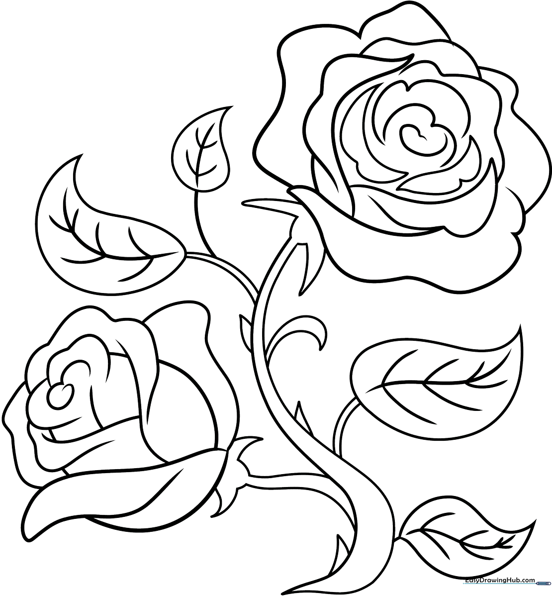 Detailed black and white line art of a blooming rose with leaves, designed for children to practice coloring within the lines.