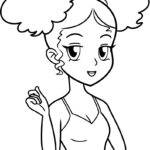Black anime girl character with expressive eyes and detailed hair, outlined for coloring on a white background.
