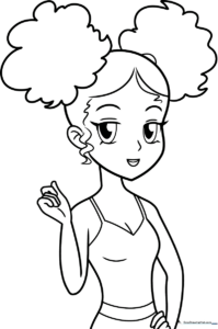 Black anime girl character with expressive eyes and detailed hair, outlined for coloring on a white background.