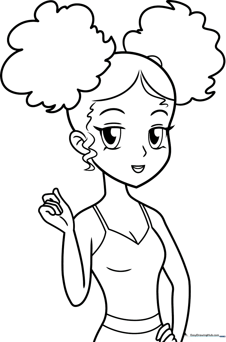 Black anime girl character with expressive eyes and detailed hair, outlined for coloring on a white background.