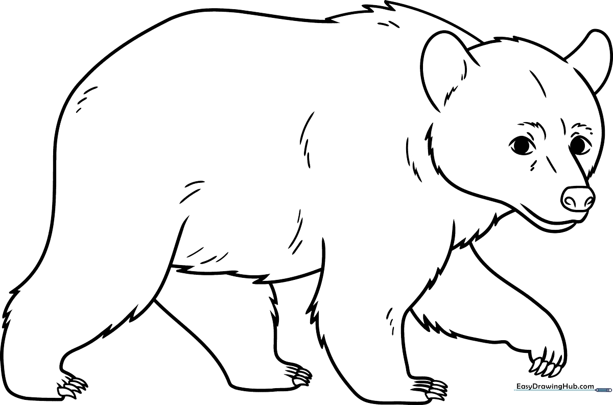 A friendly cartoon black bear with bold outlines, designed for children to color with crayons or markers to practice staying within the lines.