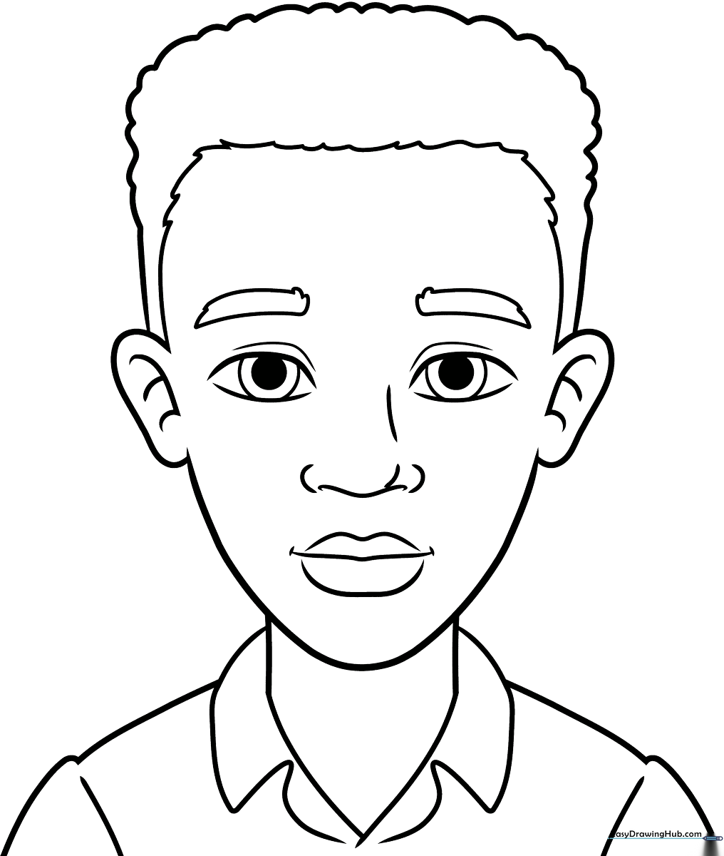 Line art illustration of a young Black boy with a friendly smile, designed for children to color with markers or crayons.
