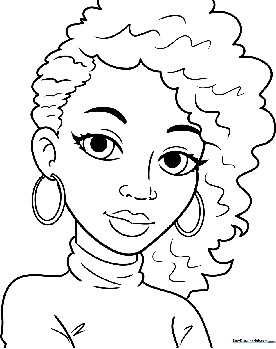 Detailed line art of a young Black girl with expressive features, designed for children to practice coloring skin tones and hair textures.