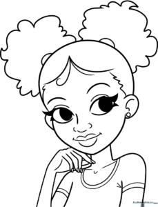 A clean, black-and-white line art illustration of a young Black girl with a cheerful expression, designed for children to color with markers or crayons.