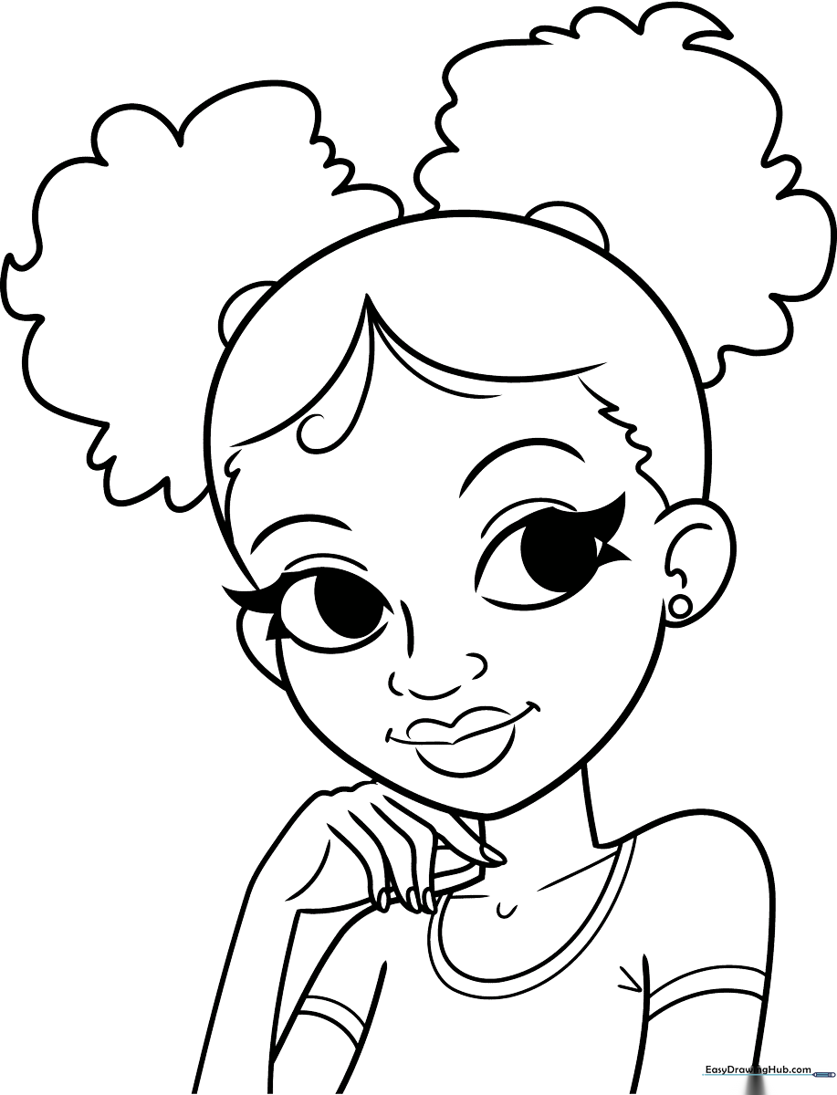 A clean, black-and-white line art illustration of a young Black girl with a cheerful expression, designed for children to color with markers or crayons.