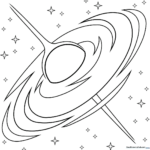 Black and white line art of a swirling black hole in space, featuring thick outlines perfect for young children to color.