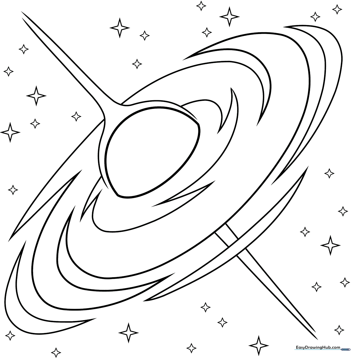 Black and white line art of a swirling black hole in space, featuring thick outlines perfect for young children to color.