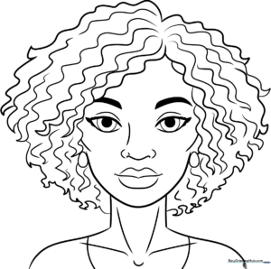 A detailed line-art illustration of a Black woman with expressive features, designed for children to color with markers or pencils.