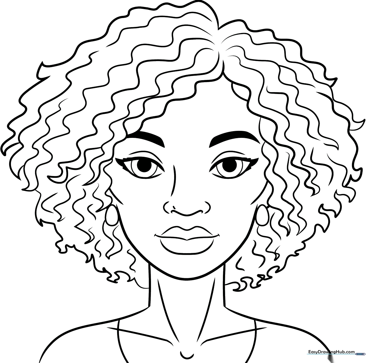 A detailed line-art illustration of a Black woman with expressive features, designed for children to color with markers or pencils.