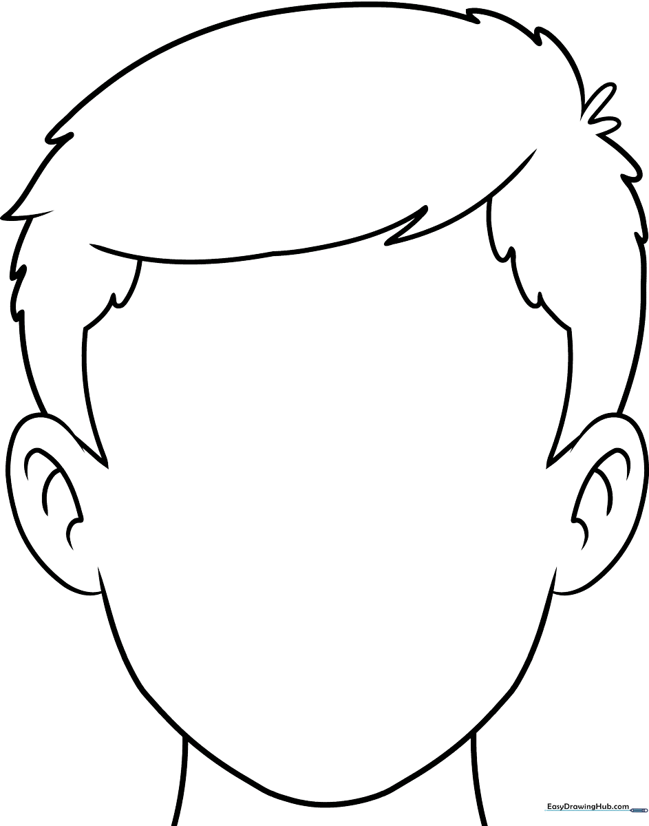 A clean, black-and-white line art template of a human head and neck, designed for children to practice drawing facial features and expressions.