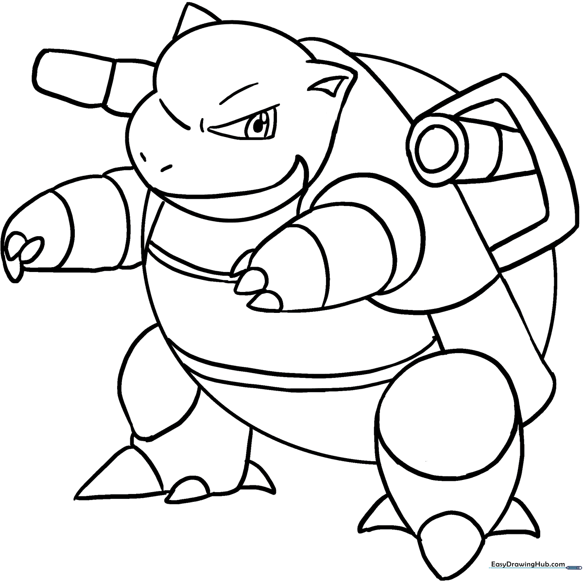 Black and white line art of Blastoise from Pokemon, featuring clear outlines for coloring the shell, cannons, and facial features.