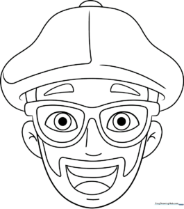 Black and white line art of Blippi wearing his signature bowtie and glasses, ready for children to color.