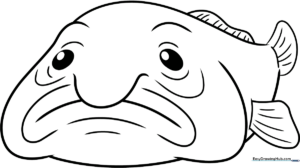 A friendly, cartoon-style blobfish with a large nose and gentle expression, outlined in bold black lines on a white background for easy coloring.
