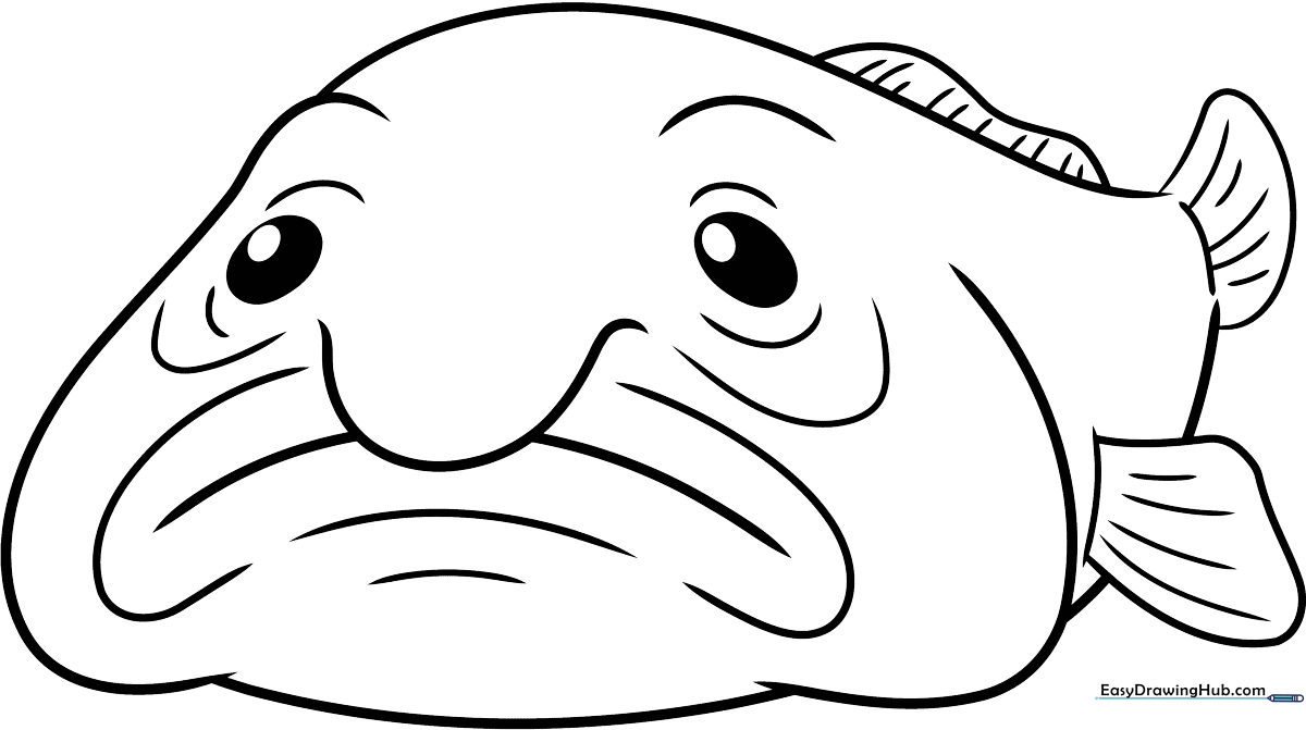 A friendly, cartoon-style blobfish with a large nose and gentle expression, outlined in bold black lines on a white background for easy coloring.