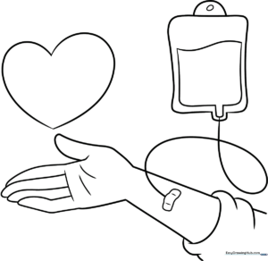 Black and white line art of a Blood Donor Day poster featuring a heart and medical symbols, designed for children to color.