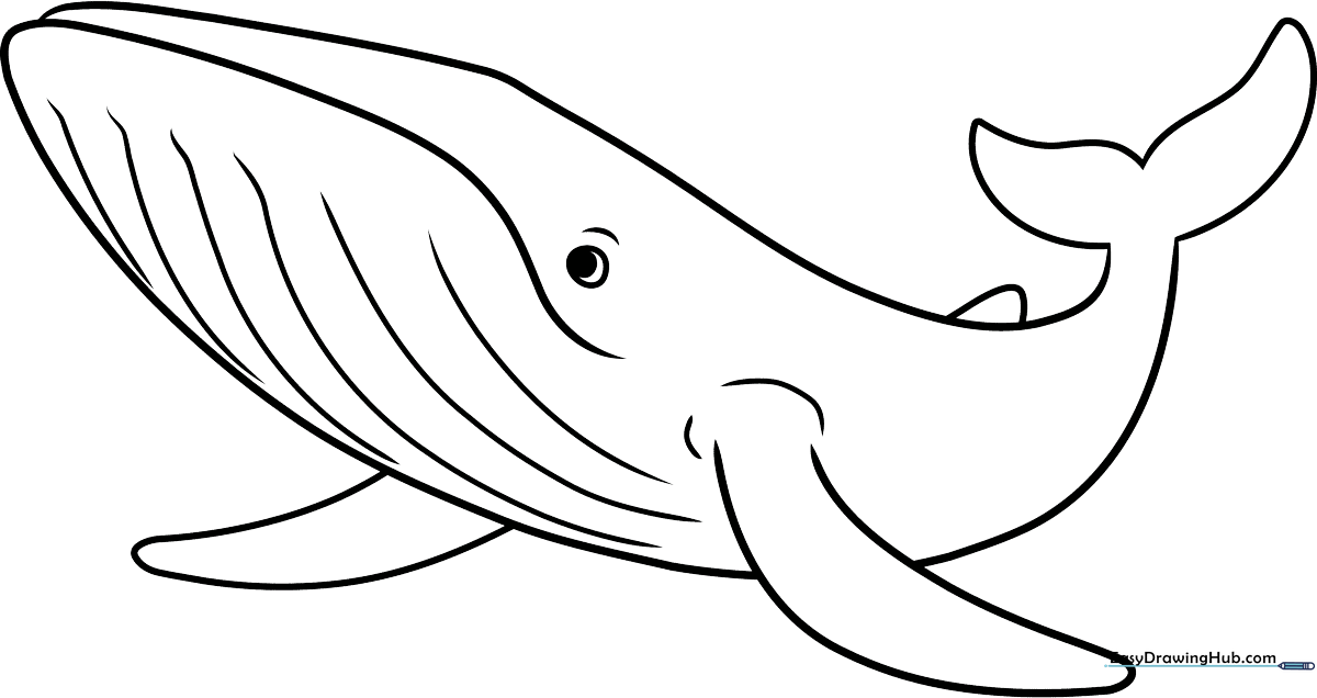 A friendly cartoon blue whale with a large eye and gentle smile, featuring clear, bold outlines for easy coloring by children.