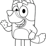 Black and white line art of Bluey the cartoon dog, featuring bold outlines perfect for young children to practice coloring within the lines.