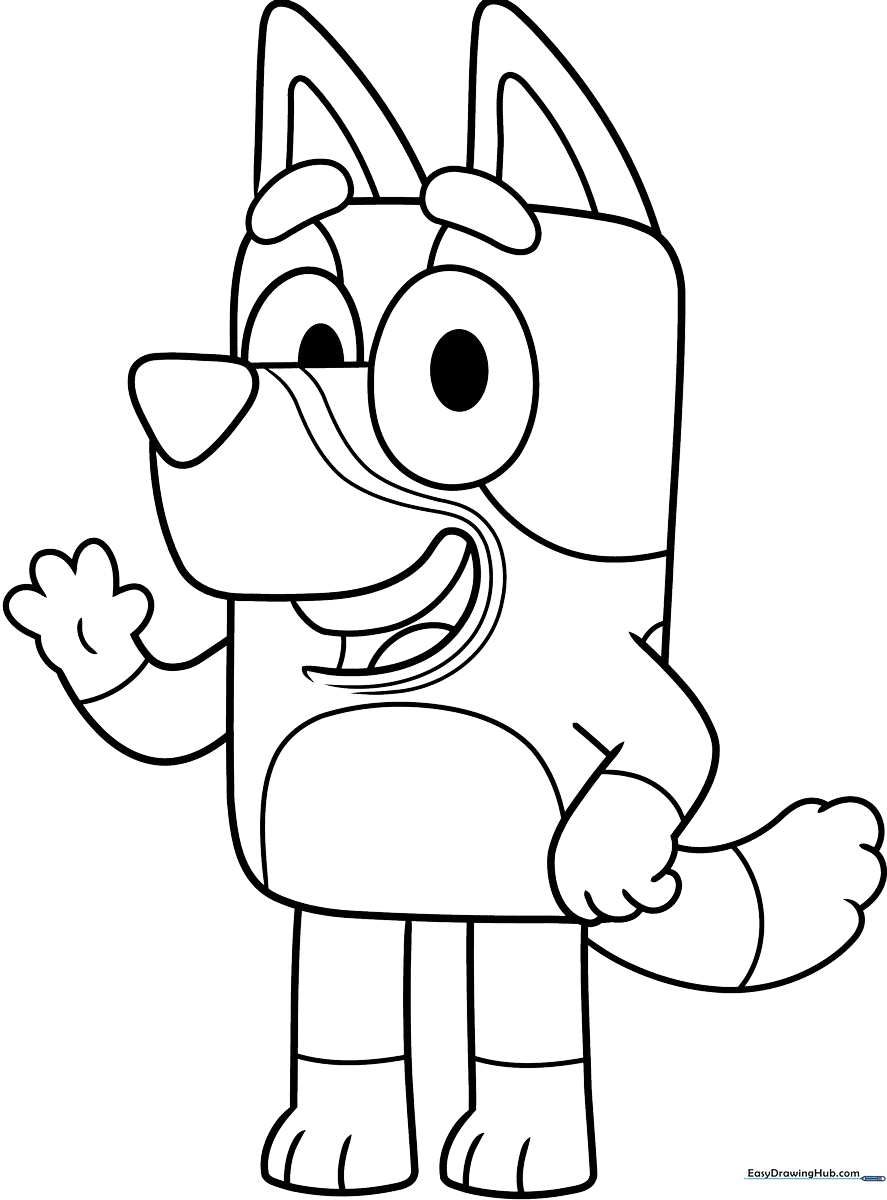 Black and white line art of Bluey the cartoon dog, featuring bold outlines perfect for young children to practice coloring within the lines.
