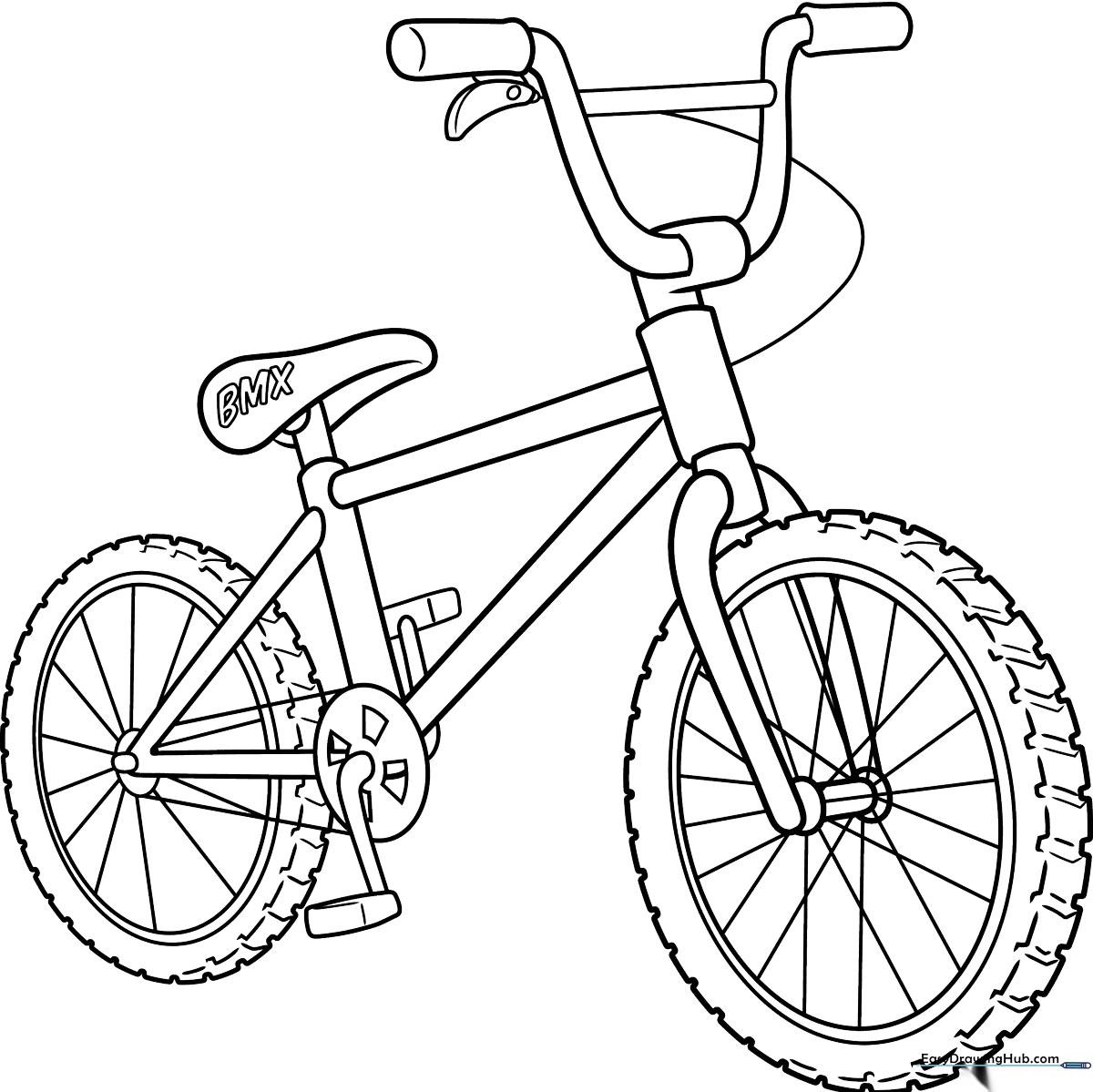 Clean line art of a BMX bike with thick tires and a sturdy frame, ready for children to color with markers or crayons.