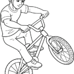 Detailed line art of a BMX rider performing a trick on a bicycle, featuring clear outlines for easy coloring by children.