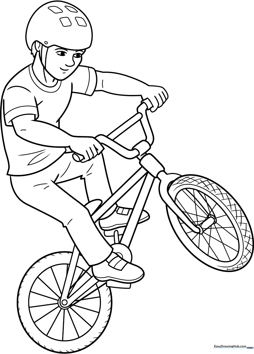Detailed line art of a BMX rider performing a trick on a bicycle, featuring clear outlines for easy coloring by children.