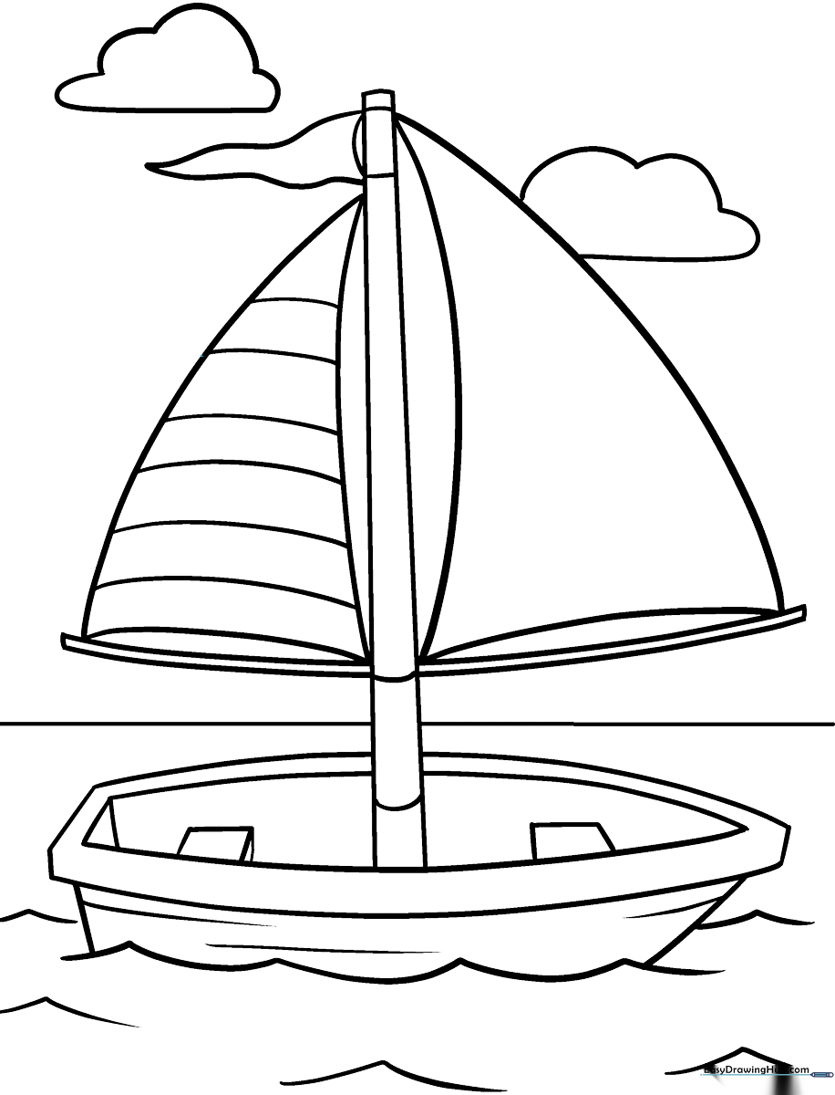 Black and white line art of a sailboat with a triangular sail and hull, designed for children to color.
