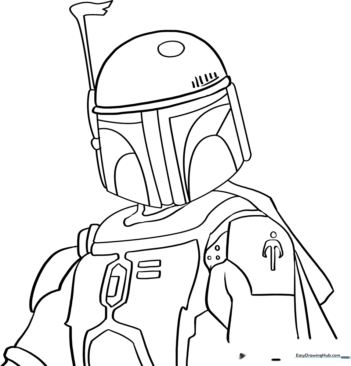 Black and white line art of Boba Fett in his Mandalorian armor, featuring clear outlines for easy coloring by children.