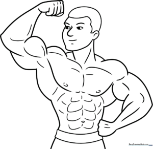A clear, black-and-white line art illustration of a bodybuilder posing, designed for children to color and practice shading muscle groups.