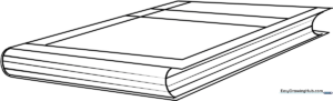 Black and white line art of a closed book with thick outlines, designed for children to practice coloring within the lines.
