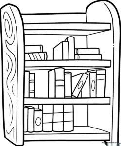A clean, black-and-white line art illustration of a wooden bookshelf with various book sizes, perfect for children to color and customize.