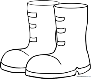 Black and white line art of a pair of classic winter boots with clear outlines, designed for children to color.