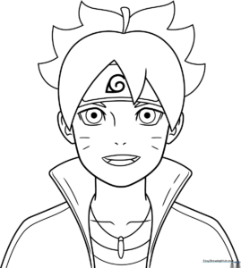 Black and white line art of Boruto Uzumaki in his signature ninja outfit, featuring clear outlines for easy coloring and shading practice.