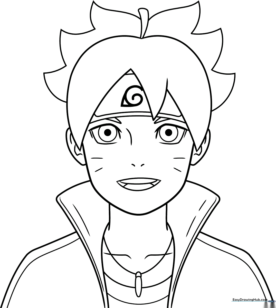 Black and white line art of Boruto Uzumaki in his signature ninja outfit, featuring clear outlines for easy coloring and shading practice.