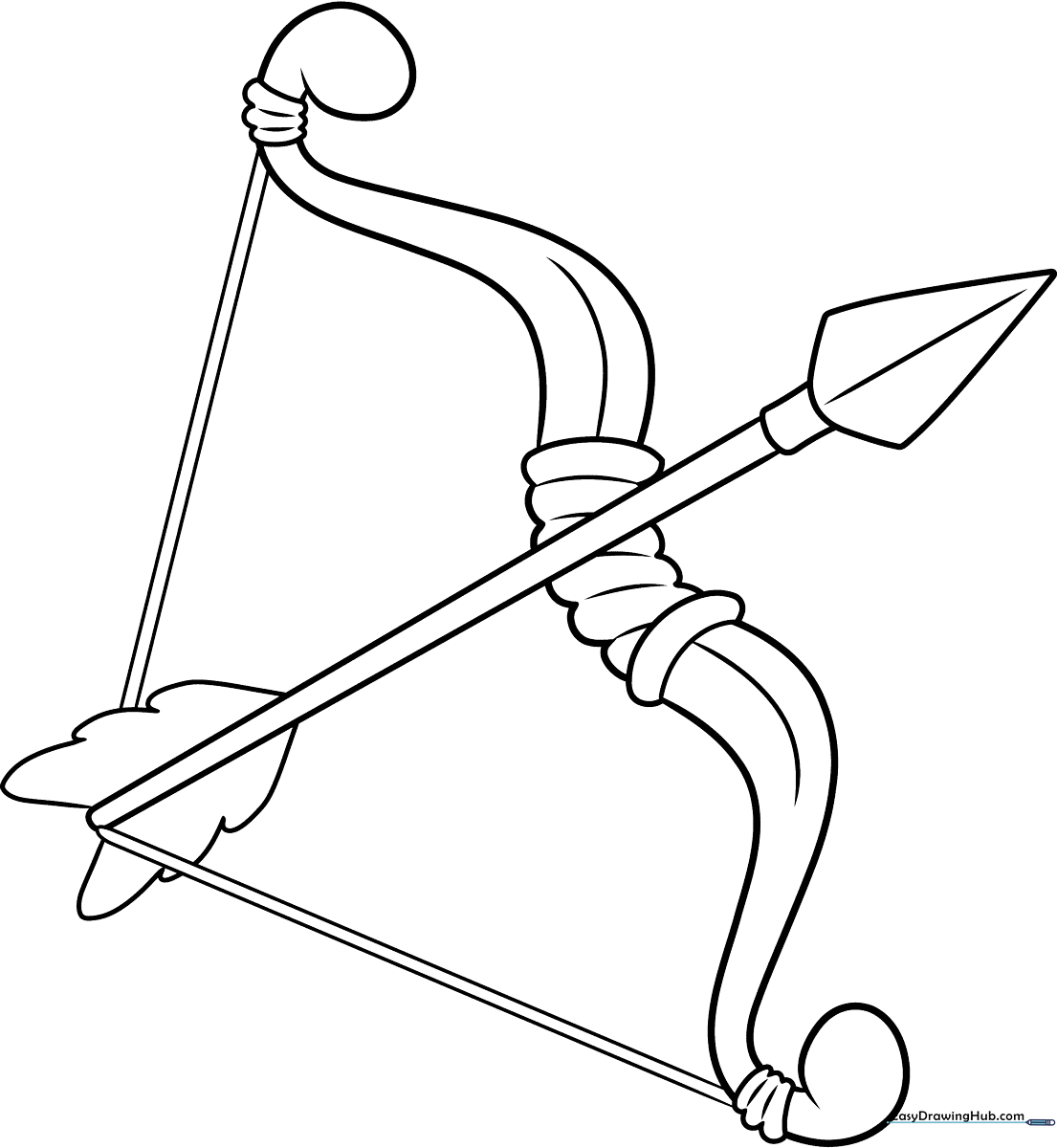 Black and white line art of a recurve bow with a single arrow, featuring clear outlines for easy coloring by children.