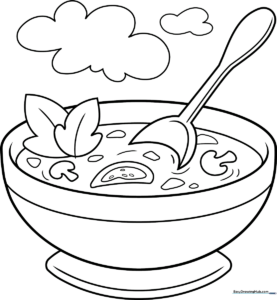 Black and white line art of a steaming bowl of soup with visible vegetable chunks, perfect for children to color with crayons or markers.