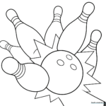 Black and white line art of a bowling ball and pins, designed as a clean coloring page for children to practice shading and color application.