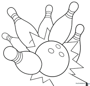 Black and white line art of a bowling ball and pins, designed as a clean coloring page for children to practice shading and color application.