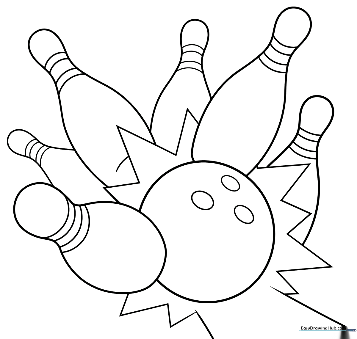 Black and white line art of a bowling ball and pins, designed as a clean coloring page for children to practice shading and color application.