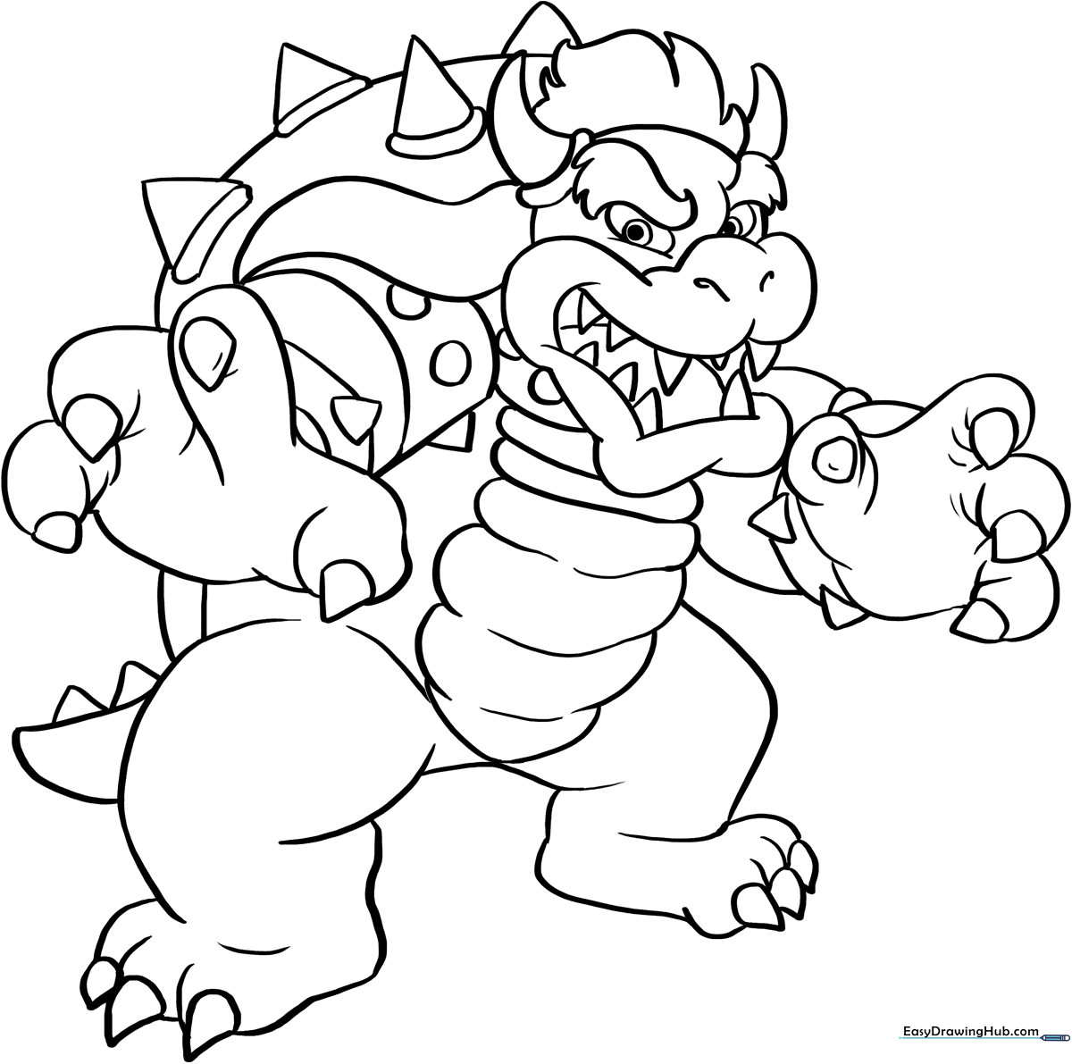 Black and white line art of Bowser from Super Mario Bros, featuring his spiked shell, horns, and fierce expression, ready for coloring.
