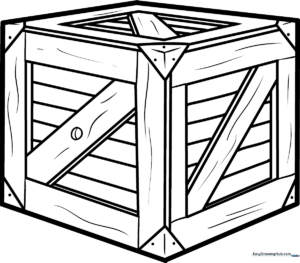 Clean black and white line art of a cardboard box with visible flaps, designed for children to color and practice shading.