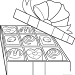 Black and white line art of a heart-shaped box filled with various chocolates, featuring clear outlines for easy coloring by children.