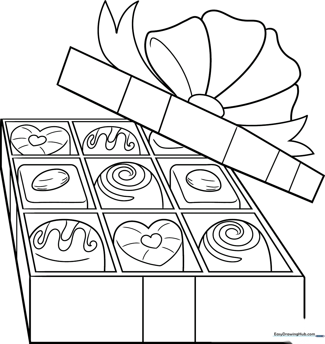 Black and white line art of a heart-shaped box filled with various chocolates, featuring clear outlines for easy coloring by children.