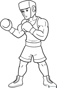 Black and white line art of a boxer in a fighting stance, featuring clear outlines for easy coloring by children.