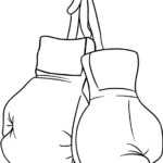 Black and white line art of a pair of boxing gloves with thick outlines, designed for children to color.